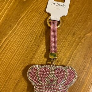 Pink crown rhinestone bag tag on a gold tone ring new 5 1/2 inches
